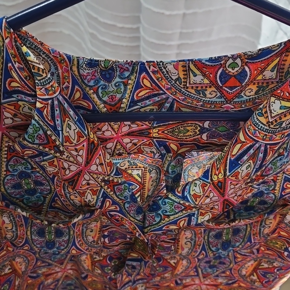 3/$10 Vibrant Blue and Orange Fitted Ruffled 3/4 Sleeve Blouse - Picture 6 of 6